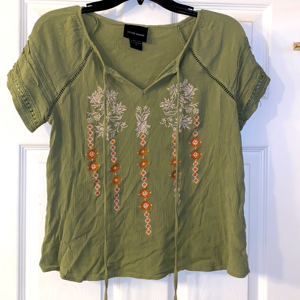 Liv Los Angeles Medium Green Floral V Neck Blouse